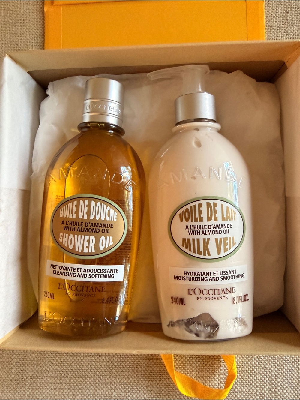 L'OCCITANE Almond Shower Oil (Amber) & Milk Veil (Cream) Duo